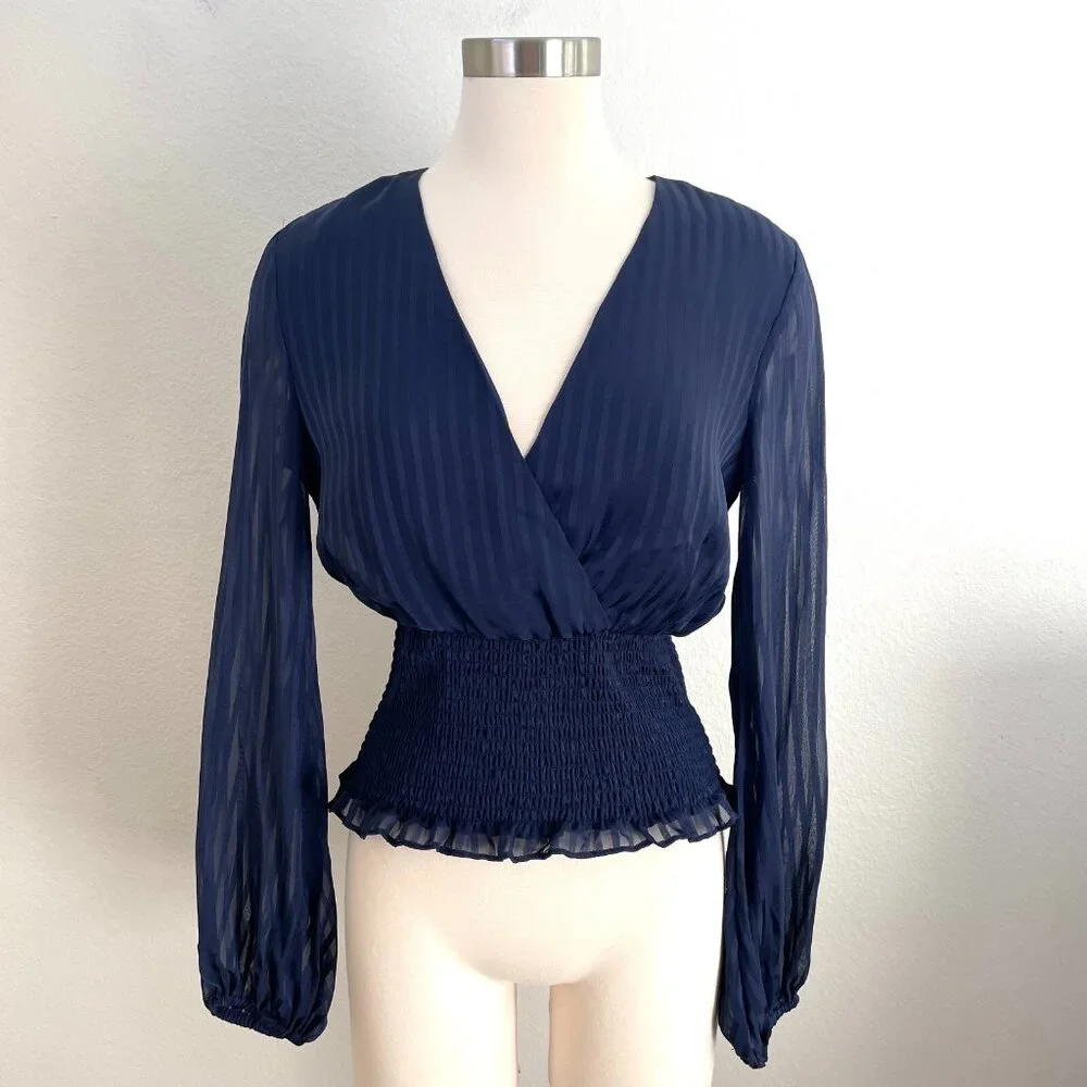 Bardot Womens 6 Navy Blouse Smocked Waist Long Sleeve Shirt Top - Picture 1 of 11